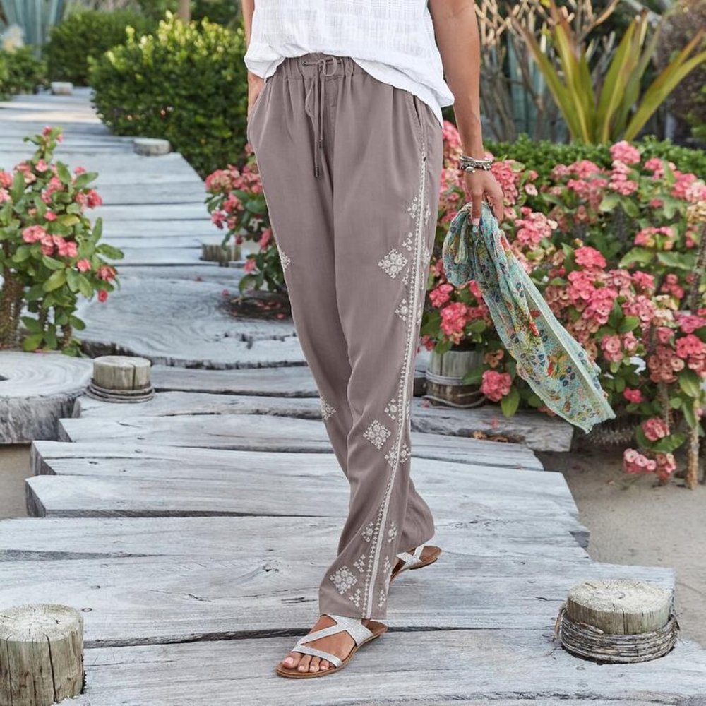 Sundance Tone It Up Embroidered Drawstring Pant Taupe Size S - Picture 3 of 13